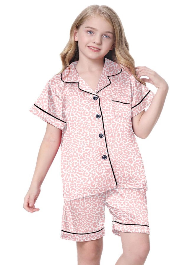 Schbbbta Satin Pajamas Sets for Girls, 2 Pcs Short Sleepwear Silk Button-Down Pj Set Loungewear, Bright Pink Leopard, 13-14 Years = Tag 170 - Image 4